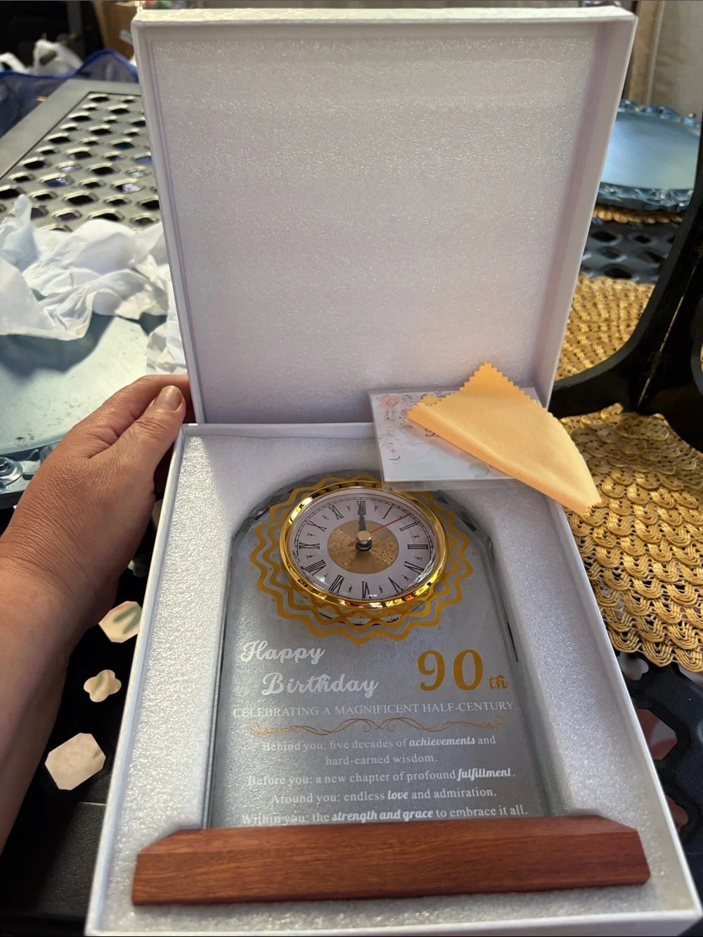 Gold Accent 90th Birthday Glass Clock Plaque